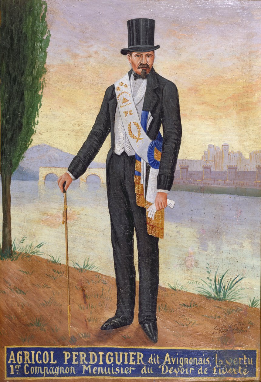 Porträtt av Agricol Perdiguier, känd som Avignonais, stående på stranden av floden Rhône i Avignon, ca 1860-65 av French School