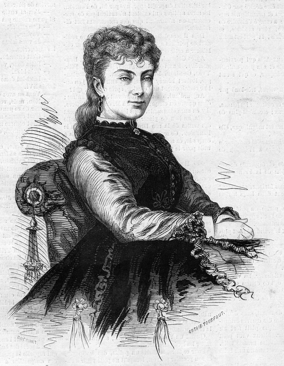 Porträtt av Aimee Desclee (cirka 1837-1874), fransk komiker. Gravyr i "" Le Monde Illustré"" nr 883 av 14 mars 1874. av French School