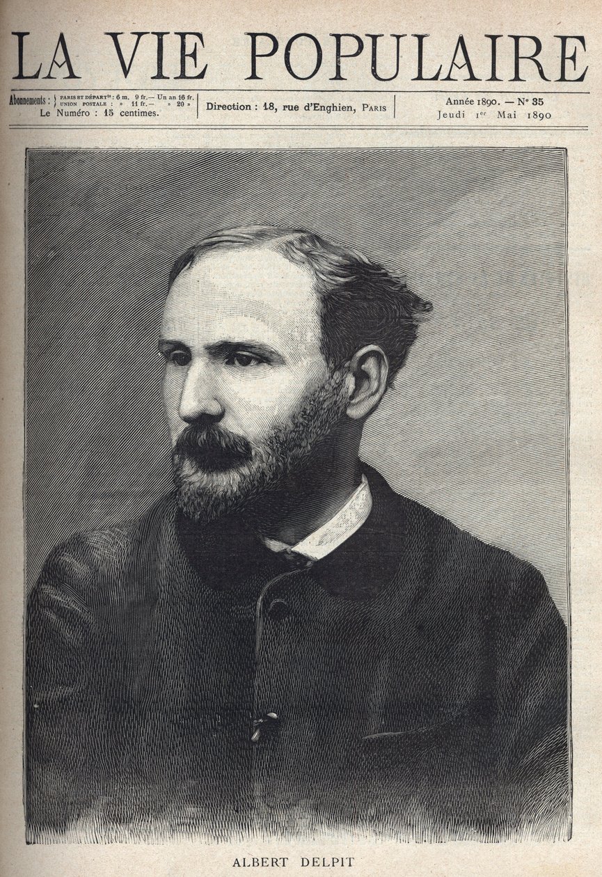 Porträtt av Albert Delpit (1849-1893), romanförfattare och dramatiker. Gravyr i "La vie populaire" av French School