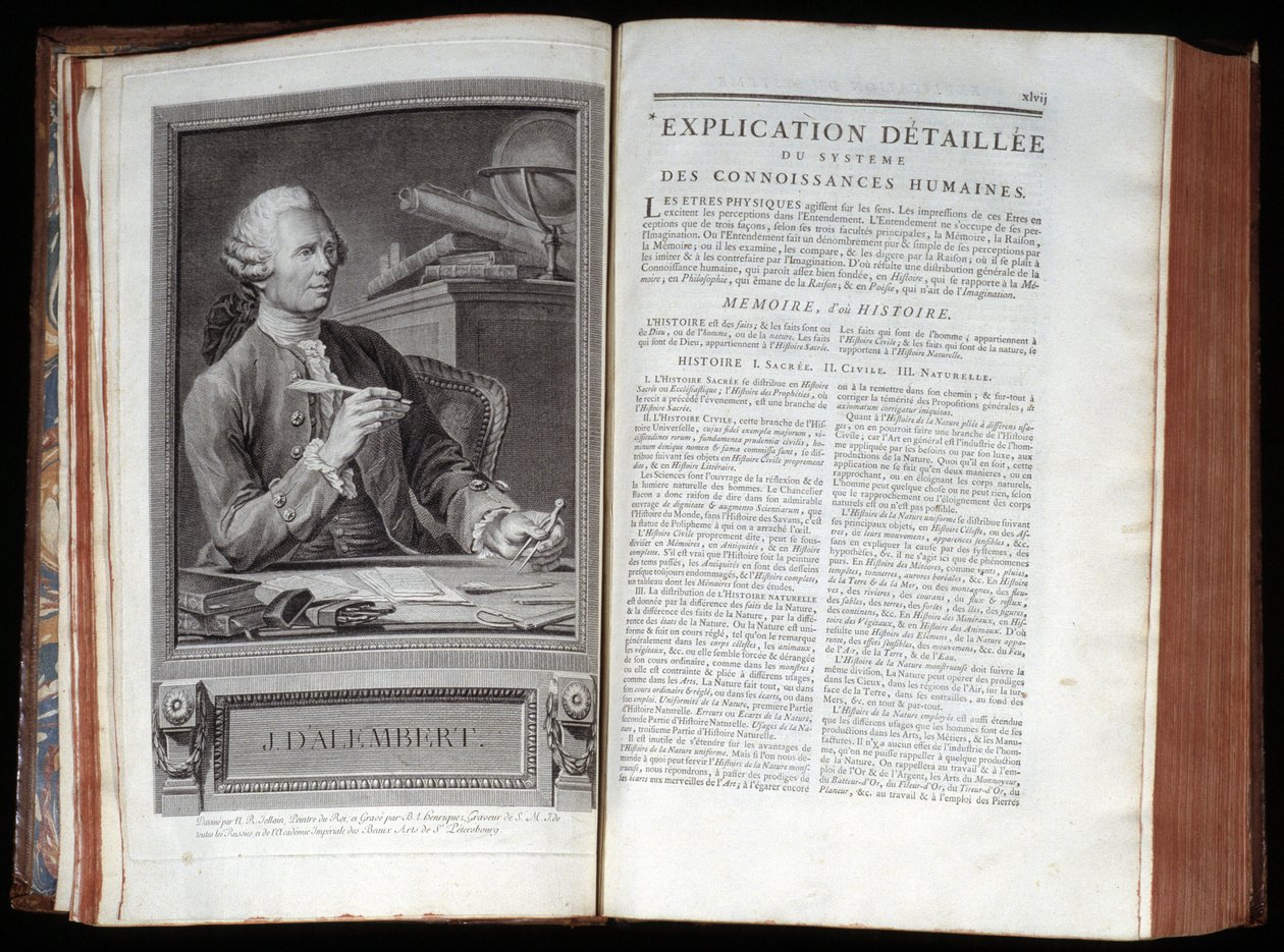 Porträtt av Alembert och en textsida i Encyclopedia of Diderot and Alembert av French School
