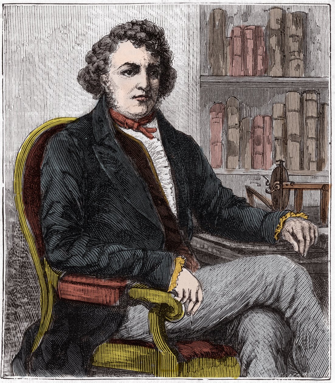 Porträtt av Andre Marie Ampere (1775-1836) fransk fysiker - Andre-Marie Ampere (1775-1836), fransk fysiker och pionjär inom elektrodynamiken - Gravyr i "" Sciences mise à la range de tous - physics et chimie populaires"" av Alexis Cleric - Slutet av 1800-t av French School