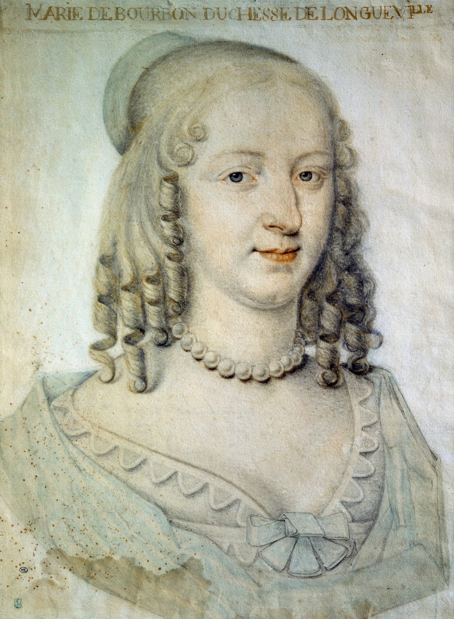 Porträtt av Anne Genevieve de Bourbon Conde (Anne-Genevieve de Bourbon-Conde), hertiginna av Longueville (1619-1679), syster till Grand Conde Anonymous-teckningen - Chantilly från 1600-talet, musée Conde av French School
