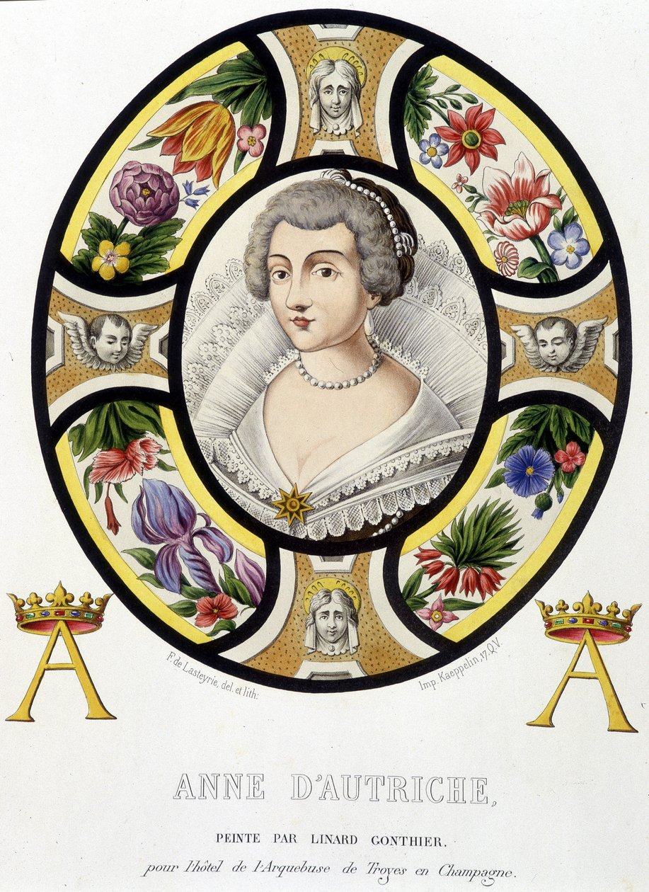 Porträtt av Anne av Österrike, drottning av Frankrike (1601-1666). Faksimil av ett målat glas från medeltiden i "Histoire de la peinture sur verre"" av Ferdinand de Lasteyrie av French School