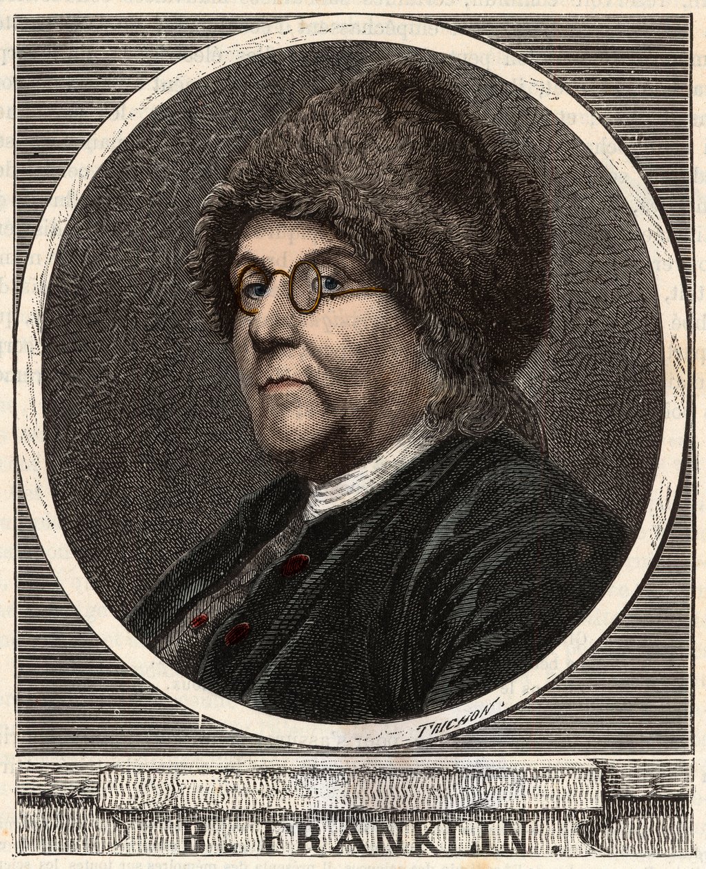 Porträtt av BENJAMIN FRANKLIN (1706-1790) Amerikansk tryckare, förläggare, vetenskapsman, uppfinnare, statsman och diplomat - Porträtt av Benjamin Franklin (1706-1790), amerikansk fysiker, filosof och politiker - Gravyr i "" Vetenskaper som nåtts o av French School