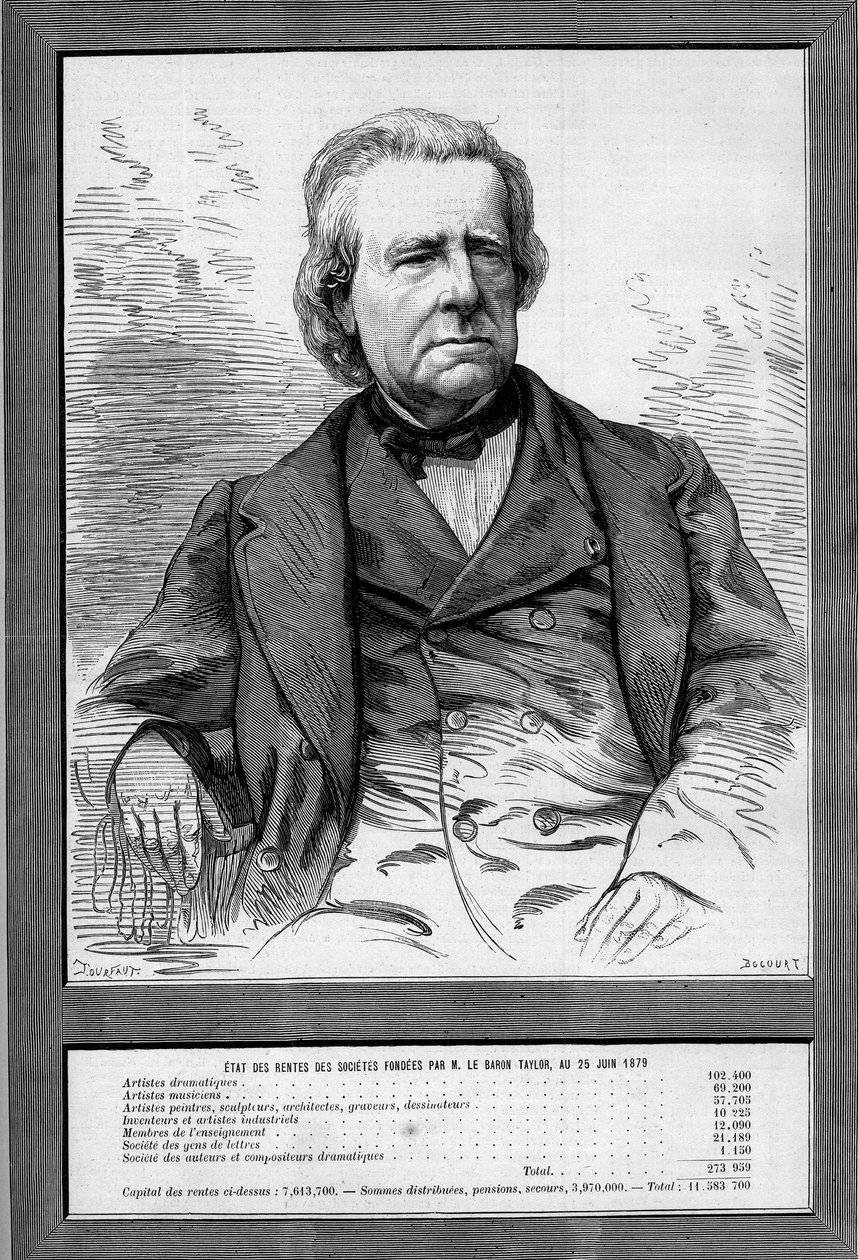 Porträtt av Baron Taylor (Isidore Justin Severin Taylor, dit) (1789-1879), fransk dramatiker och filantrop. Gravyr i "" Le Monde Illustré"" nr 1172 av 13 september 1879. av French School