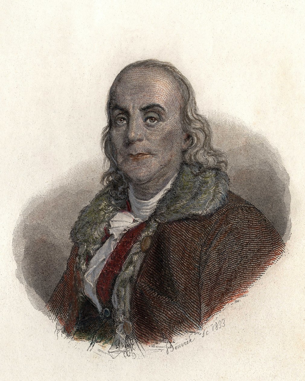 Porträtt av Benjamin Franklin (1706-1790), amerikansk fysiker, filosof och politiker. i "Portraits des Hommes Useful" av French School