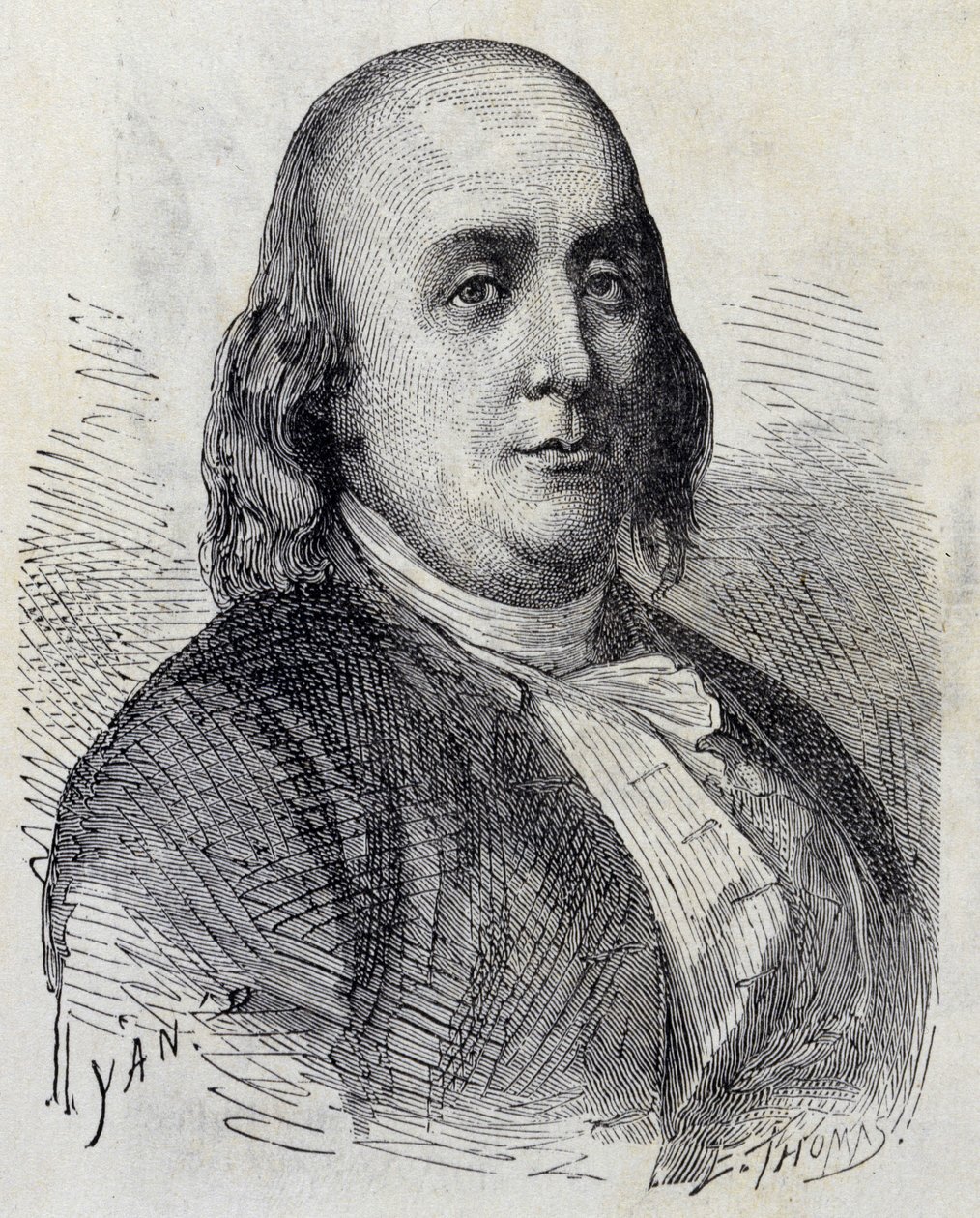 Porträtt av Benjamin Franklin (1706 - 1790), amerikansk politiker, memorialist, broschyr och fysiker - i "" Album of Science; berömda forskare; Stora upptäckter””” 1896. av French School