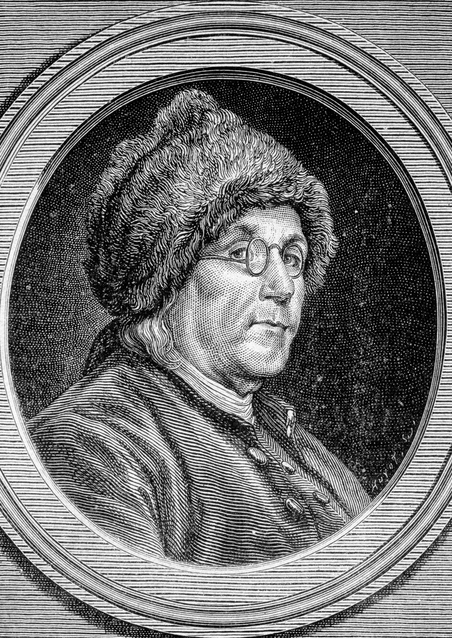 Porträtt av Benjamin Franklin (1706 - 1790), politiker, minnesman, broschyr och amerikansk fysiker - i "" Album de la Science; berömda forskare; Stora upptäckter””” 1896. av French School