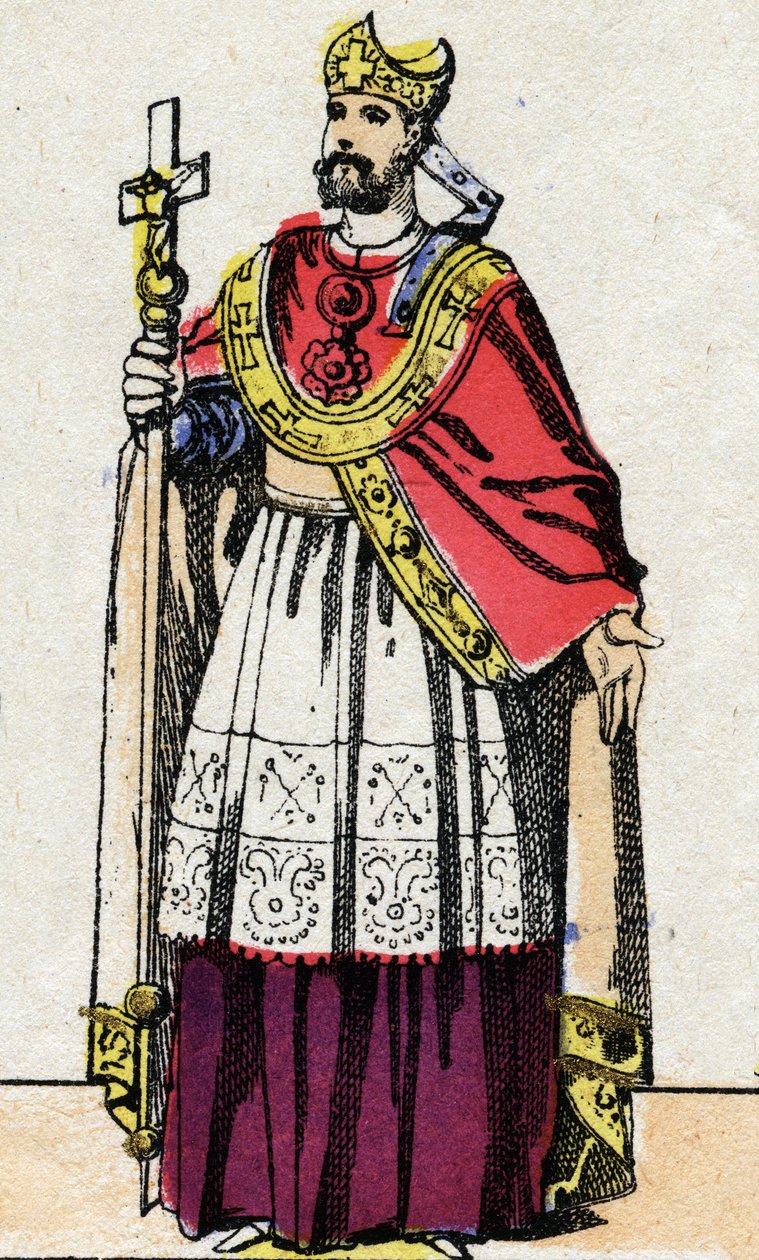 Porträtt av Bonifatius (v.675-754), ärkebiskop av Mainz som evangeliserade Tyskland och omorganiserade Franc Clerge. av French School