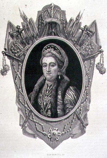 Porträtt av Katarina II den stora (1729-96) (gravyr) av French School