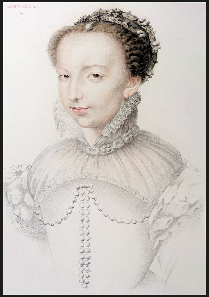 Porträtt av Catherine de Medici (1519-89), faksimil av en teckning från 1500-talet som förekommer i Porträtt av 1500-talets mest kända franska personligheter, av P.G. Niel, Paris, 1848 (grafit o av French School