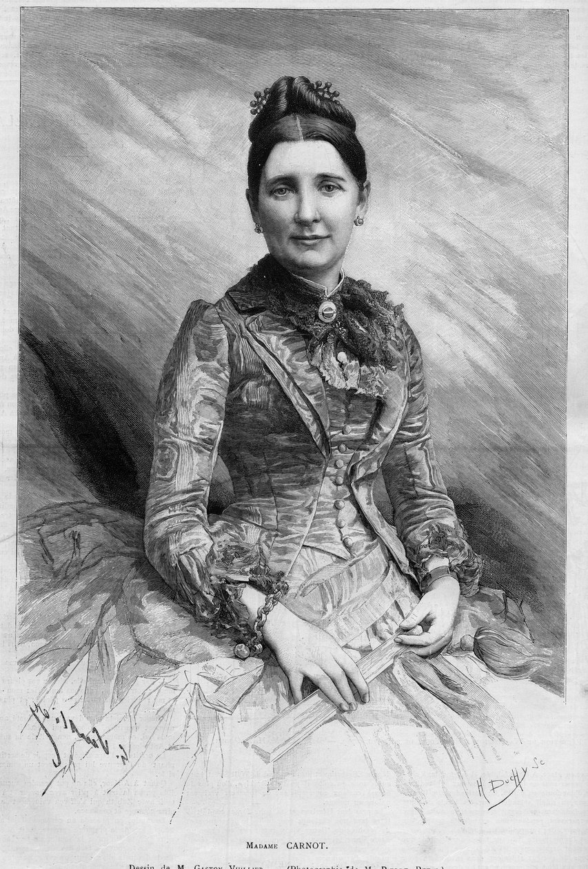Porträtt av Cecile Carnot (nee Dupont-White eller Dupont White) (1841-1898), fru till Sadi Carnot, Frankrikes president. Gravyr i "" Le Monde Illustré"" nr 1678 av 25 maj 1889. av French School