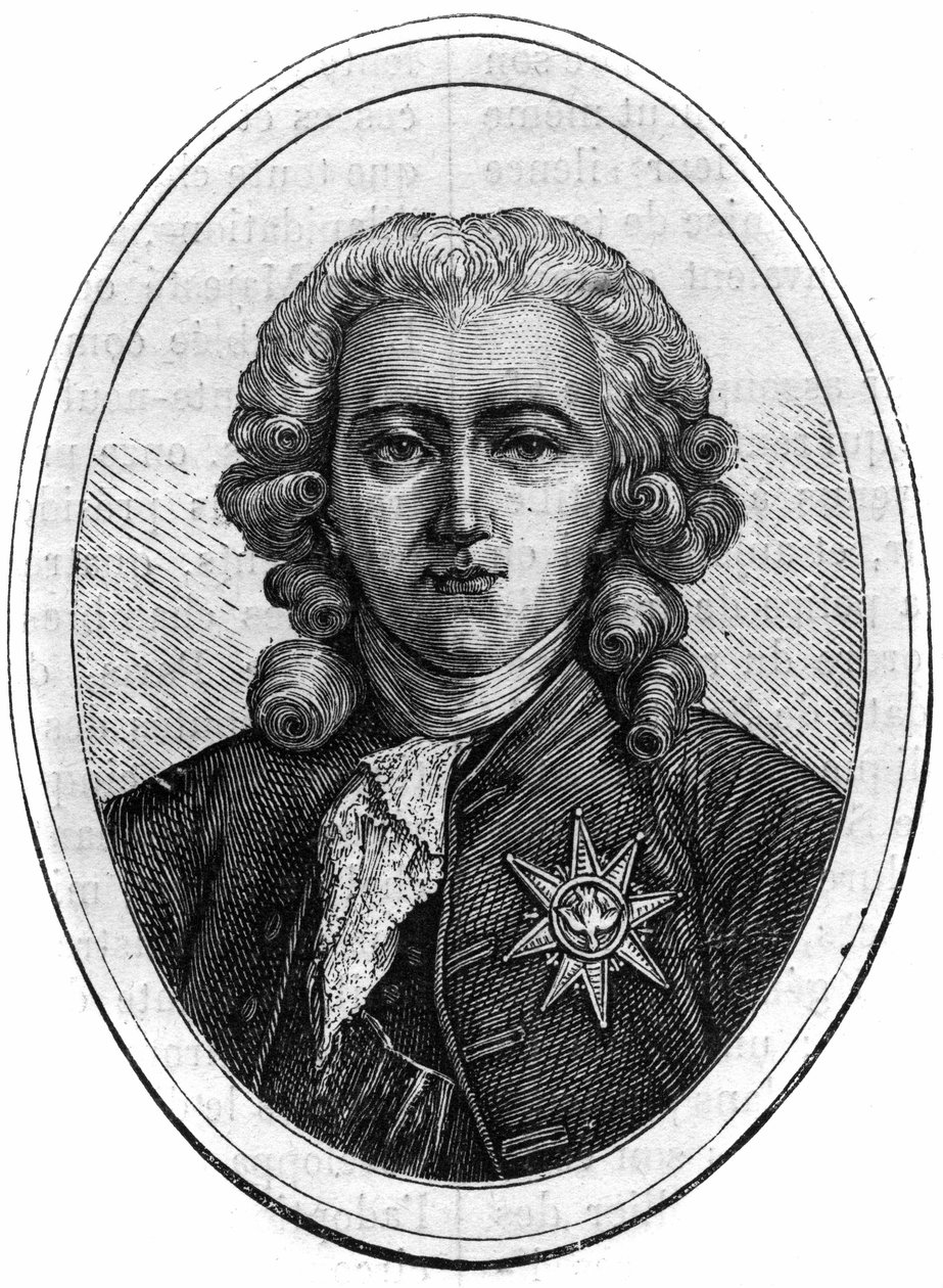 Porträtt av Charles Alexandre de Calonne, fransk politiker under Ludvig XVI (1734-1802), finanskontrollant. Gravyr i "Historien om påvarna-kungarna-drottningarna och kejsarna genom århundradena"" av Maurice Lachatre av French School