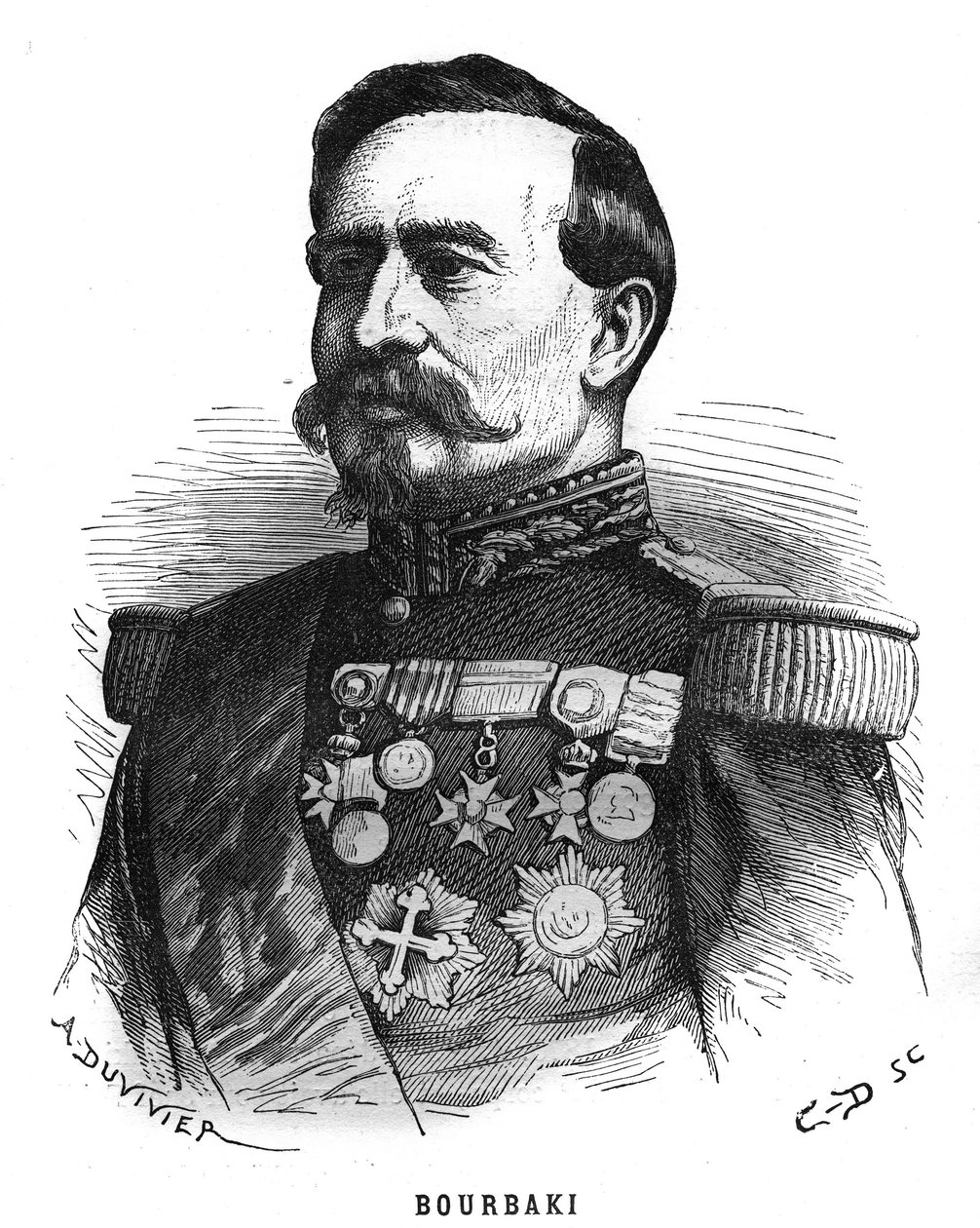 Porträtt av Charles Denis Bourbaki (1816-1897), fransk officer. Gravyr i "Les Illustrations De L