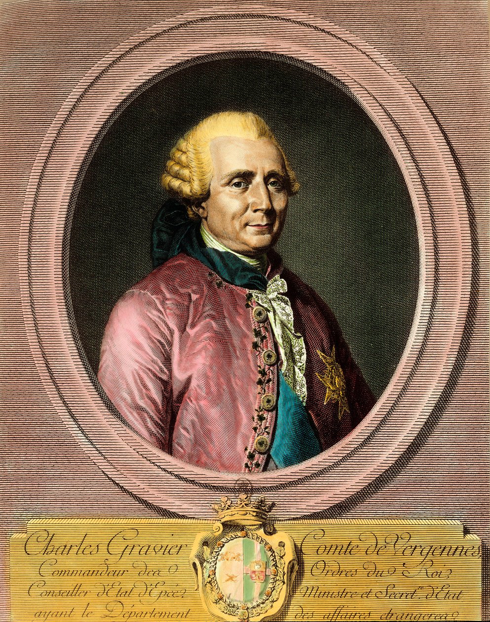 Porträtt av Charles Gravier, greve av Vergennes (1719 - 1787). Gravyr av 1700-talet. Privat samling. av French School