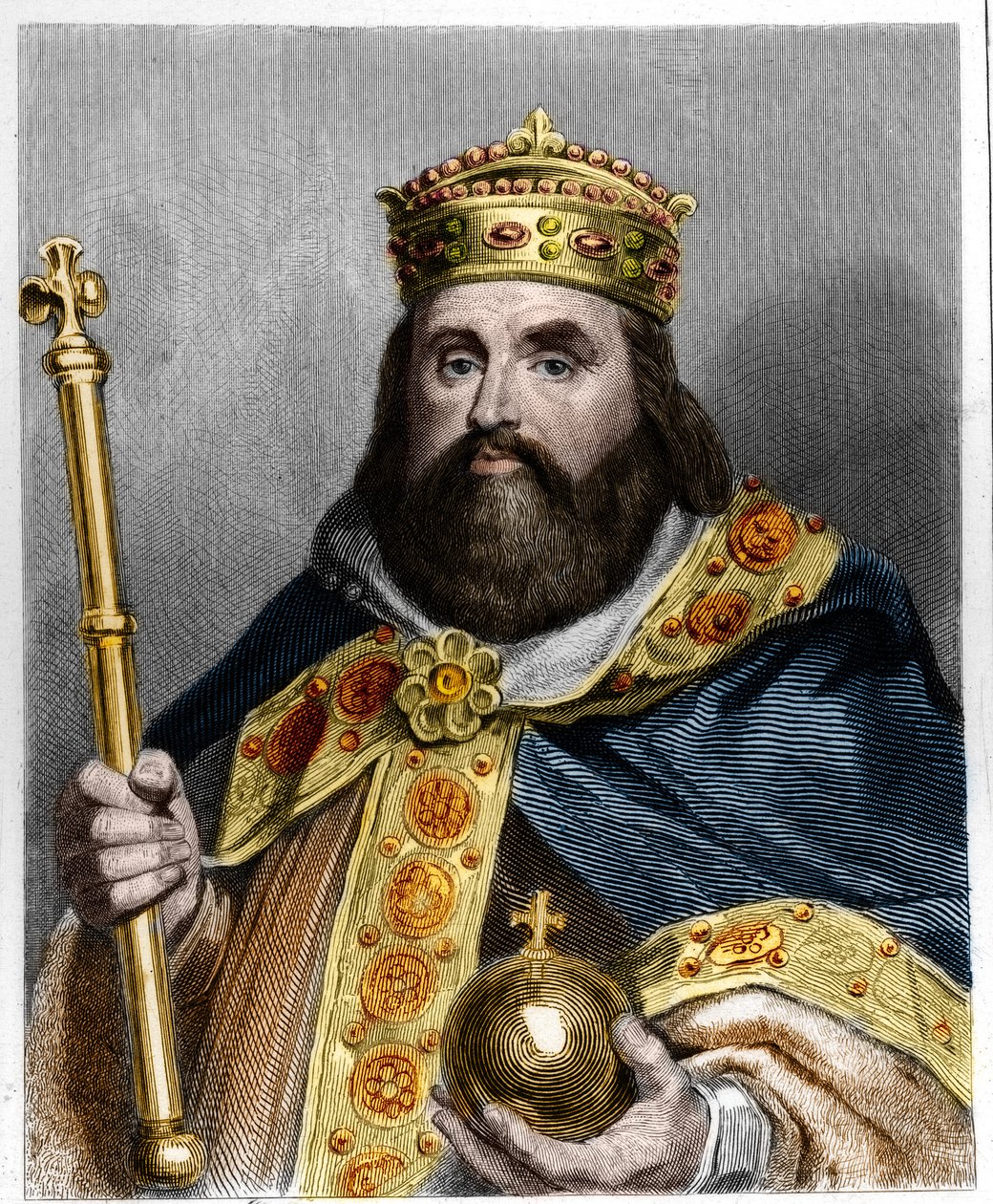 Porträtt av Karl III 3 the Gros (839-888) kejsare av västerlandet (881 - 887) och regent av Frankrike (884 - 887) - i "Histoire des Francais" av Lavallee, gravyr, sd. av French School