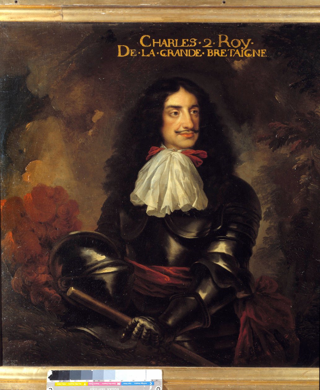 Porträtt av Charles II (1630-1685) kung av England Målning av den franska skolan på 1600-talet. Mått 1,11 x 1,25 m av French School