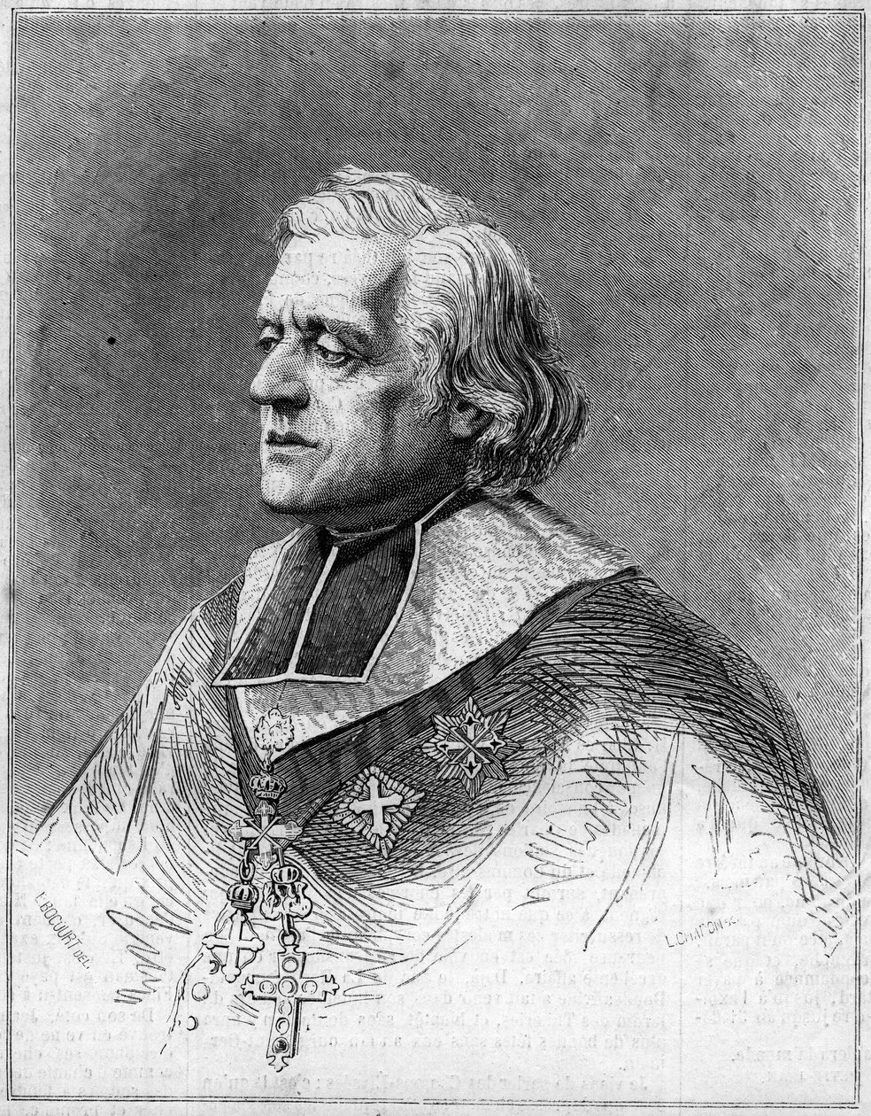 Porträtt av Charles Joseph Eugene de Mazenod (1782-1861), eveque av Marseille. Porträtt av gravyr i "" The Illustrous World"" nr 216 av 1 juni av French School