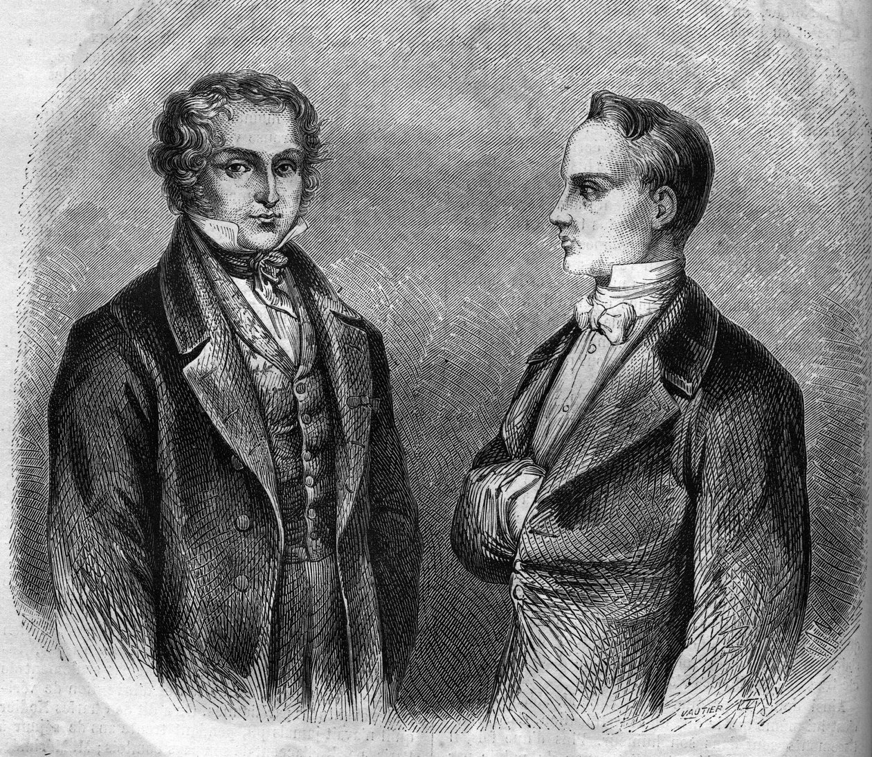Porträtt av Charles Nodier (1780-1844) och Prosper Merimee (1803-1870), franska författare. Gravyr från 1866-1867. av French School