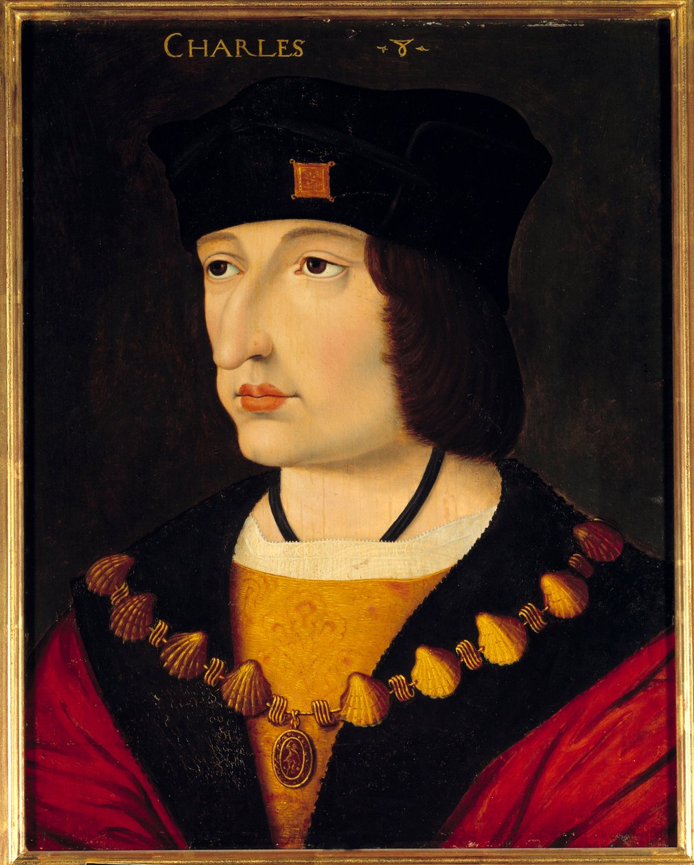 Porträtt av Karl VIII (1470 - 1498) kung av Frankrike, son till Ludvig XI. Anonym målning av den franska skolan av French School