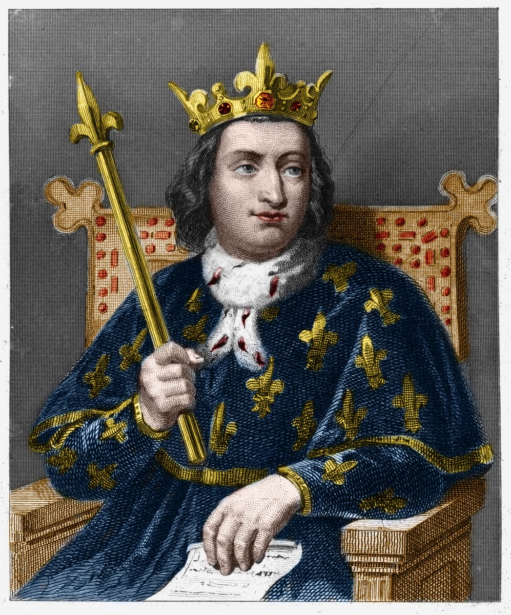 Porträtt av Karl V den vise (1338 - 1380), kung av Frankrike - i "" Histoire des Francais"" av Lavallee, gravyr, sd. av French School