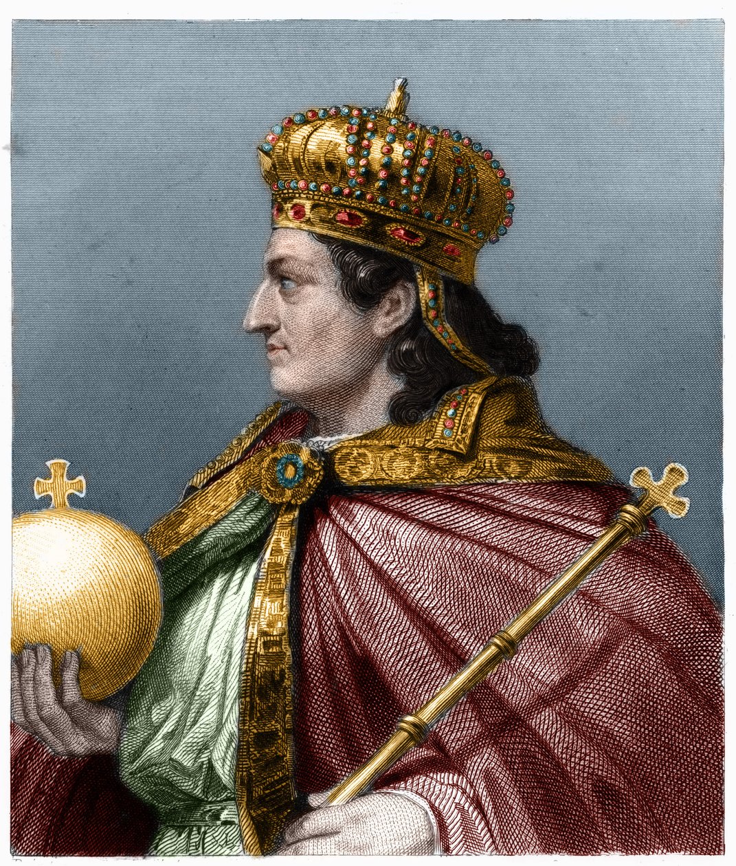 Porträtt av Childebert II (v. 570 - 596), kung av Austrasien - i "Franskarnas historia"" av Lavallee, gravyr, sd. av French School