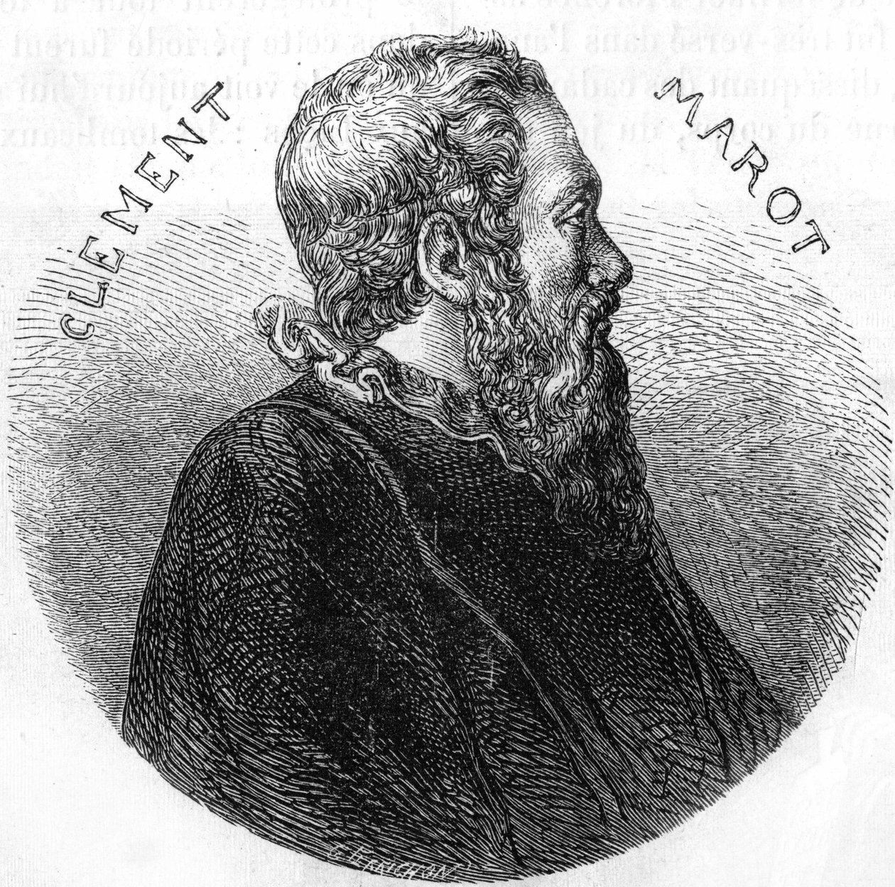 Porträtt av Clement des Marets dit Marot (1496-1544), poet. I ""Popular History of France"", nd. ca 1885. Gravyr. av French School