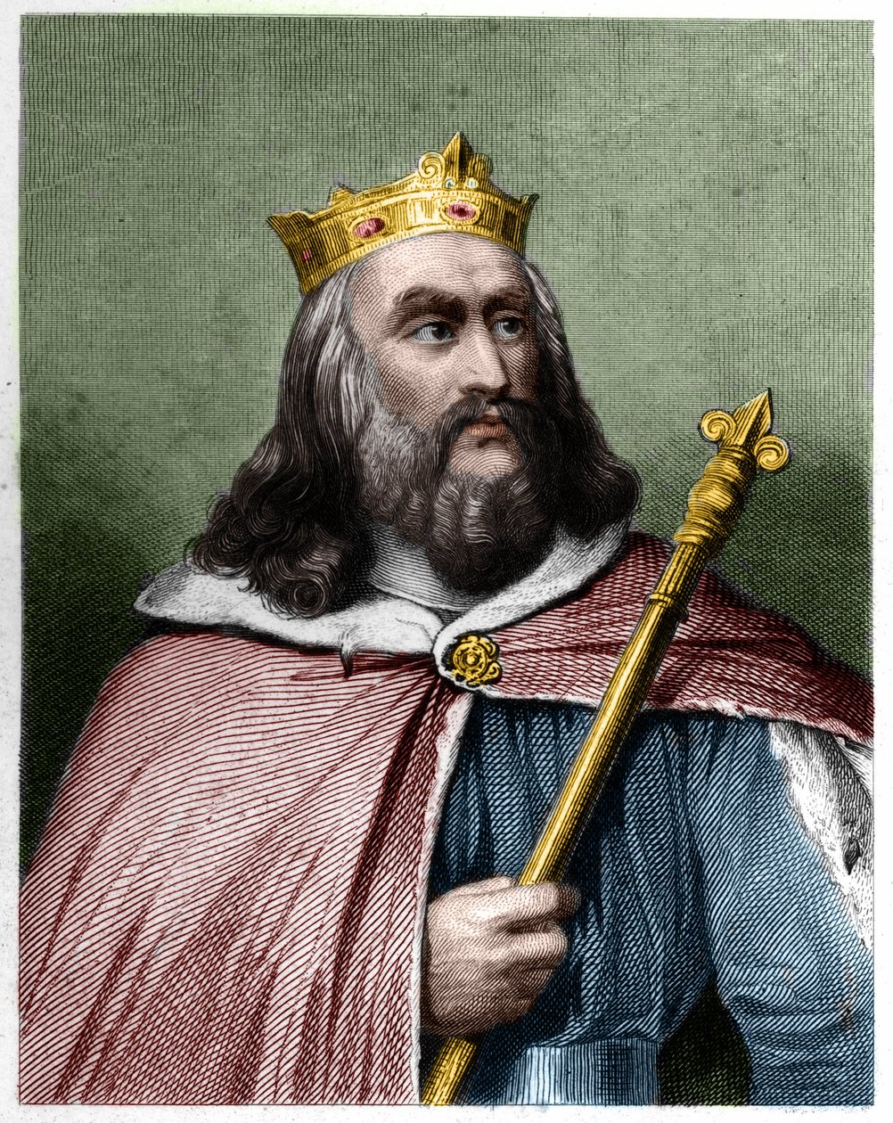 Porträtt av Clotaire (Clothaire) II (584 - 628), kung av Neustrien och kung av frankerna - i "" Histoire des Francais"" av Lavallee, gravyr, sd. av French School