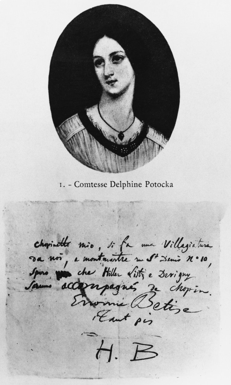Porträtt av grevinnan Delphine Potocka, brev av Hector Berlioz till Frederic Chopin av French School