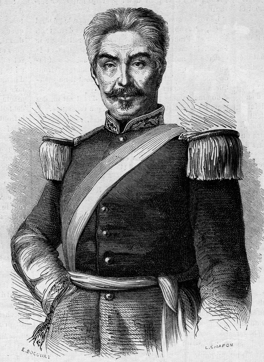 Porträtt av Don Miguel San Roman (1803-1863), Perus president. Gravyr i "" Le Monde Illustré"" nr 320 av 30 maj 1863. av French School