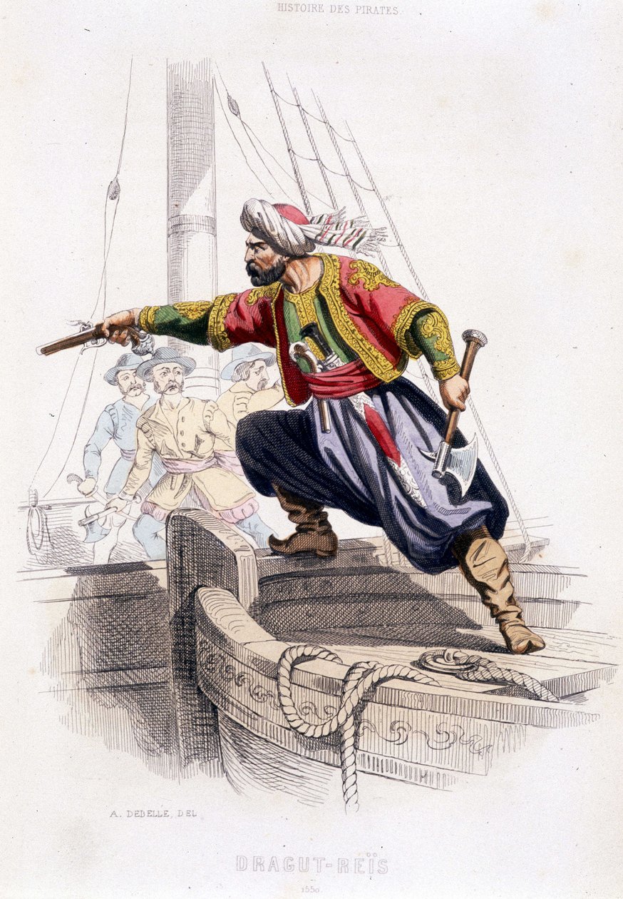 Porträtt av Dragut - Reïs, turkisk pirat från 1500-talet - i ""History of pirates and corsairs of the Ocean and the Mediterranean"" av P. Christian, Paris, D. Cavaillés ed., Tome 1 av French School