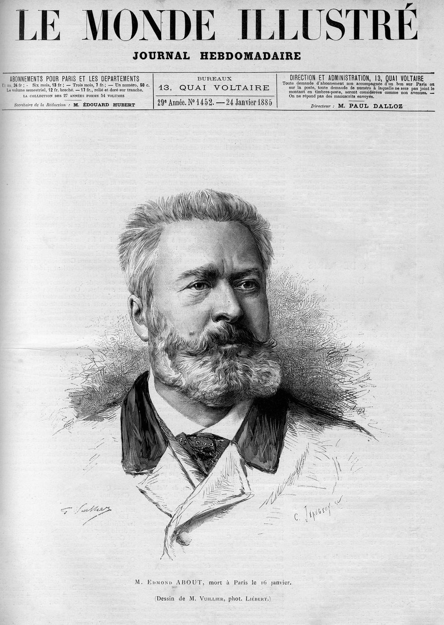 Porträtt av Edmond About (1828-1885), fransk författare och journalist, medlem av den franska akademin, I "The Illustrous World" 1885. av French School