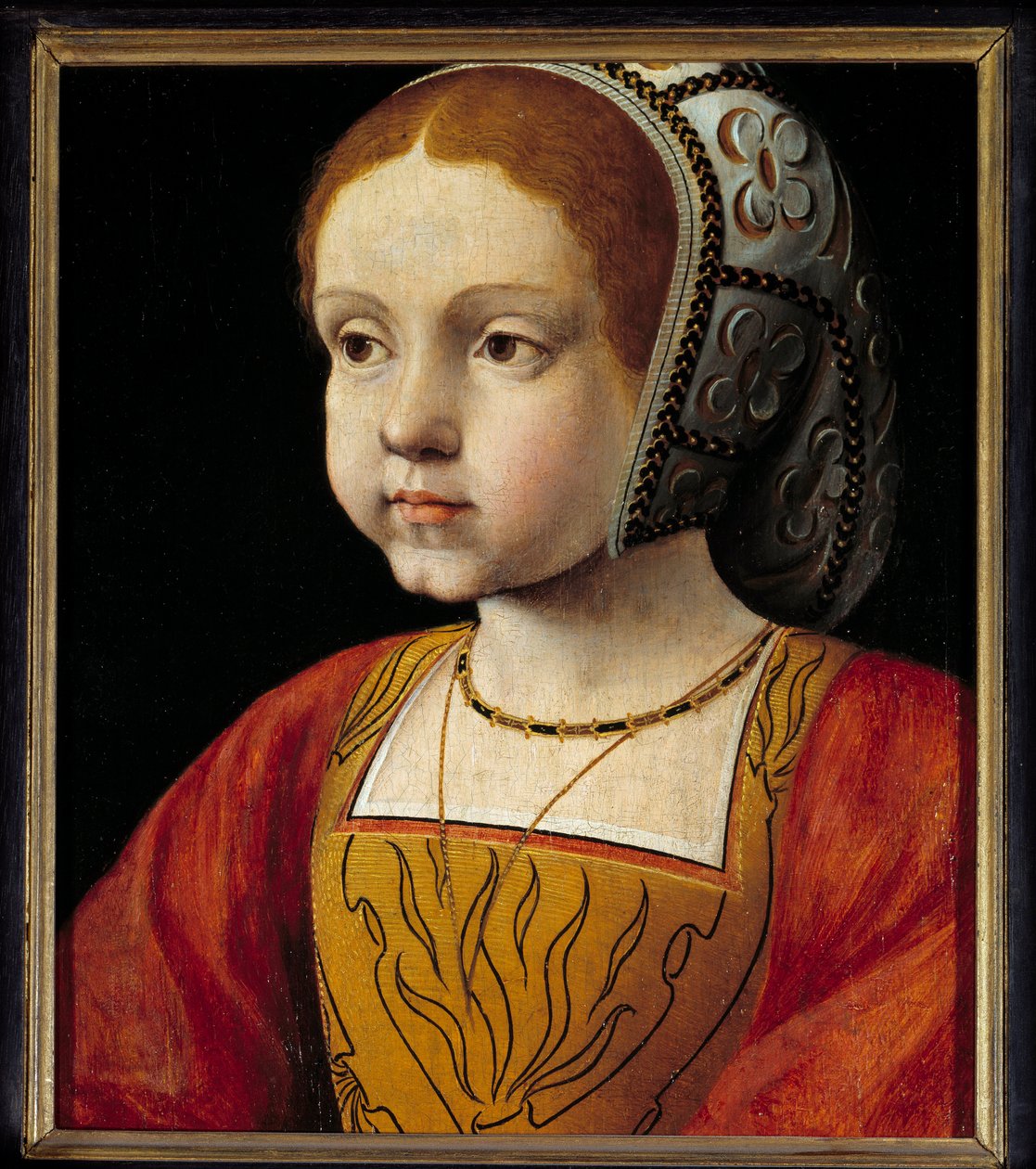 Porträtt av Eleonore av Habsburg-barn, drottning av Portugal sedan av Frankrike (1498-1558) Målning av den franska skolan. 1500-talet sön. 0,3x0,23 m versailles, slottets museum av French School