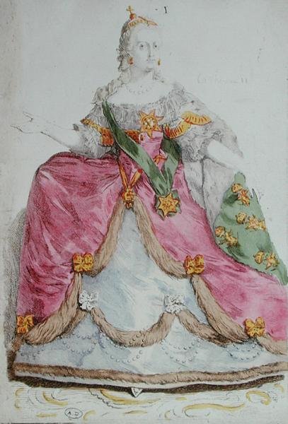 Porträtt av kejsarinnan Katarina II (1729-96) den stora av Ryssland, sent 1700-tal (färgad gravyr) av French School