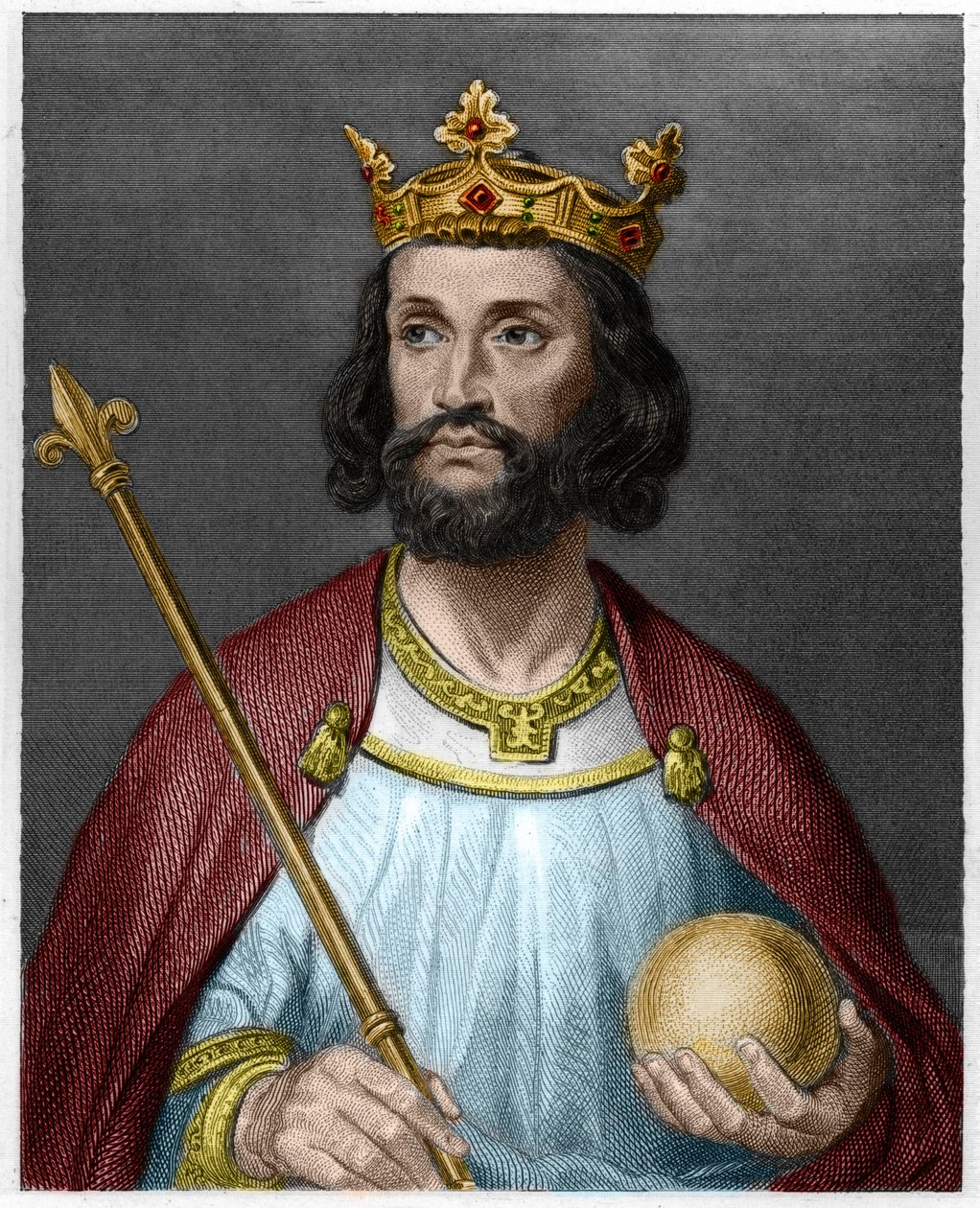 Porträtt av Eudes (Odon) (v. 860 - 898), greve av Paris och Troyes, då kung av Frankrike - i "" Histoire des Francais"" av Lavallee, gravyr, sd. av French School