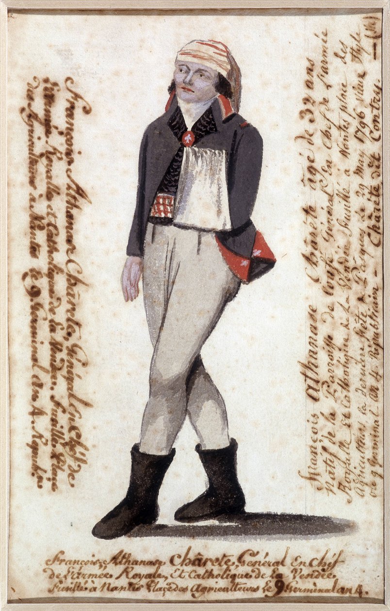 Porträtt av Francois Athanase (Francois-Athanase) från Charette de la Contrie (1763-1796), arm i en halsduk, royalistisk ledare för Vendée - Musee Dobree, Nantes av French School