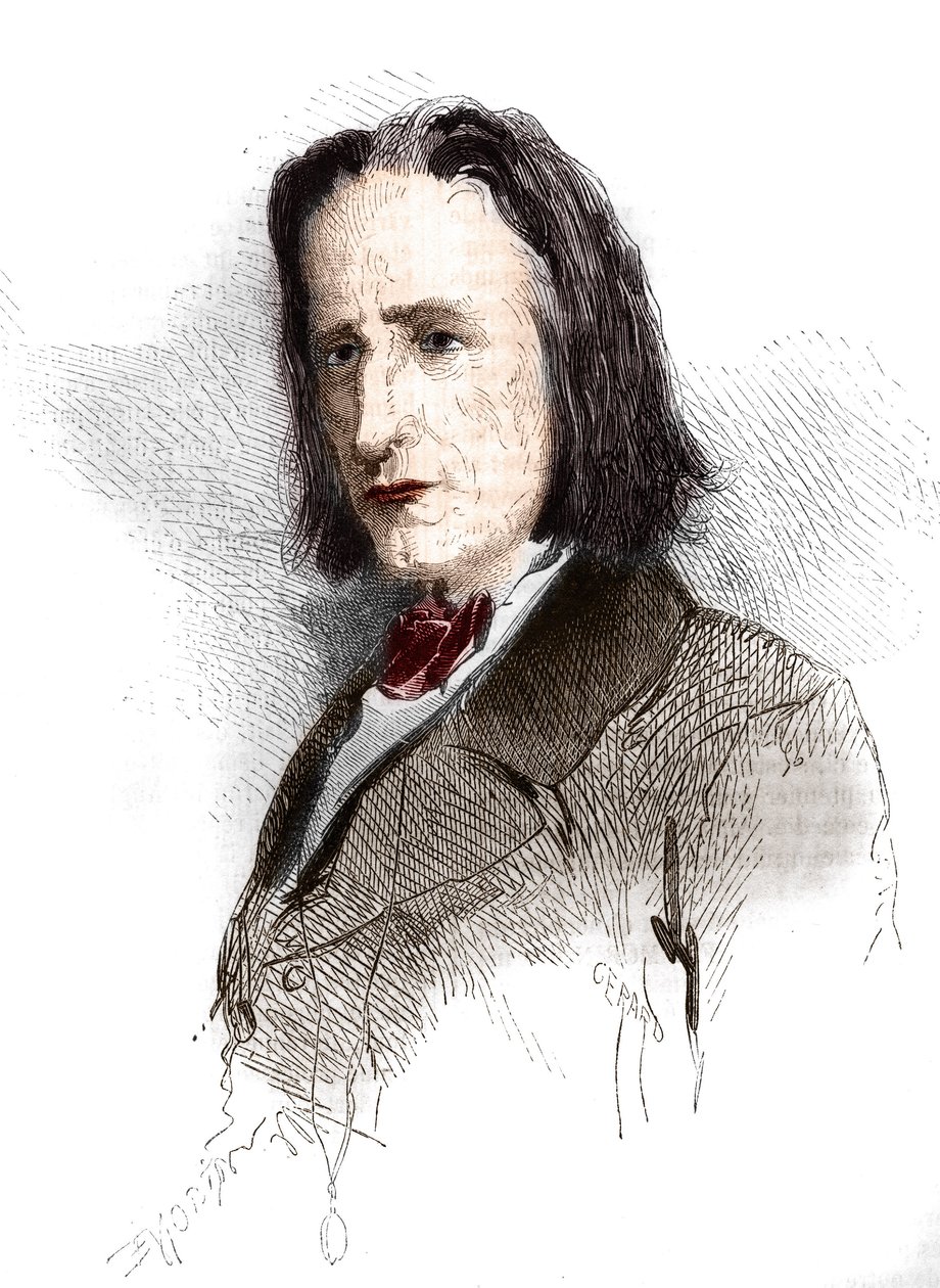 Porträtt av Franz Liszt (Listz) (1811-1886), ungersk kompositör och pianist. Gravyr från 1865-1866. av French School