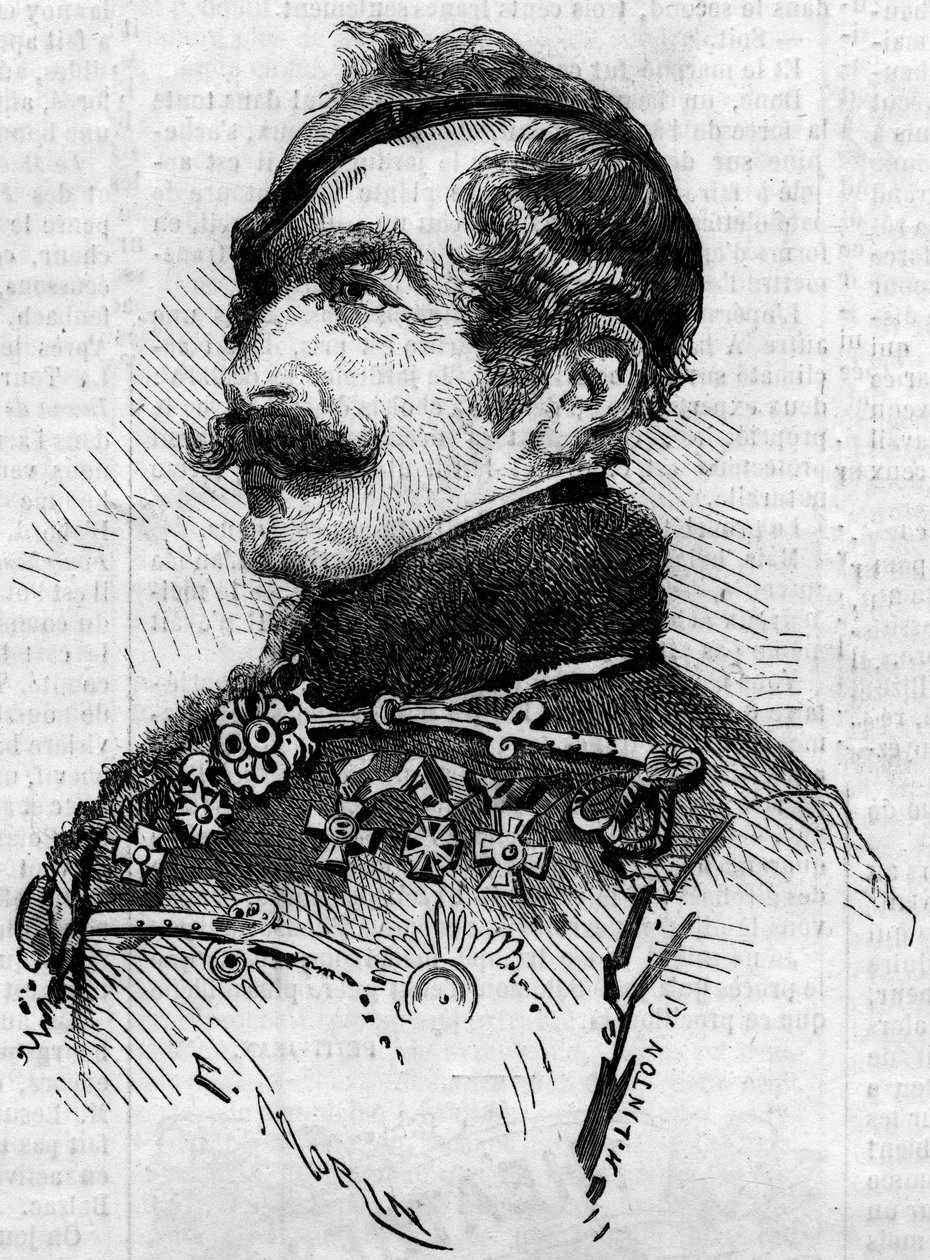 Porträtt av Franz von Schlick (1789-1862), fältmarechal, generalbefälhavare för den österrikiska armén i Italien under Risorgimento 1859. Gravyr i "" Le Monde Illustré"" nr 115 den 25 juni av French School