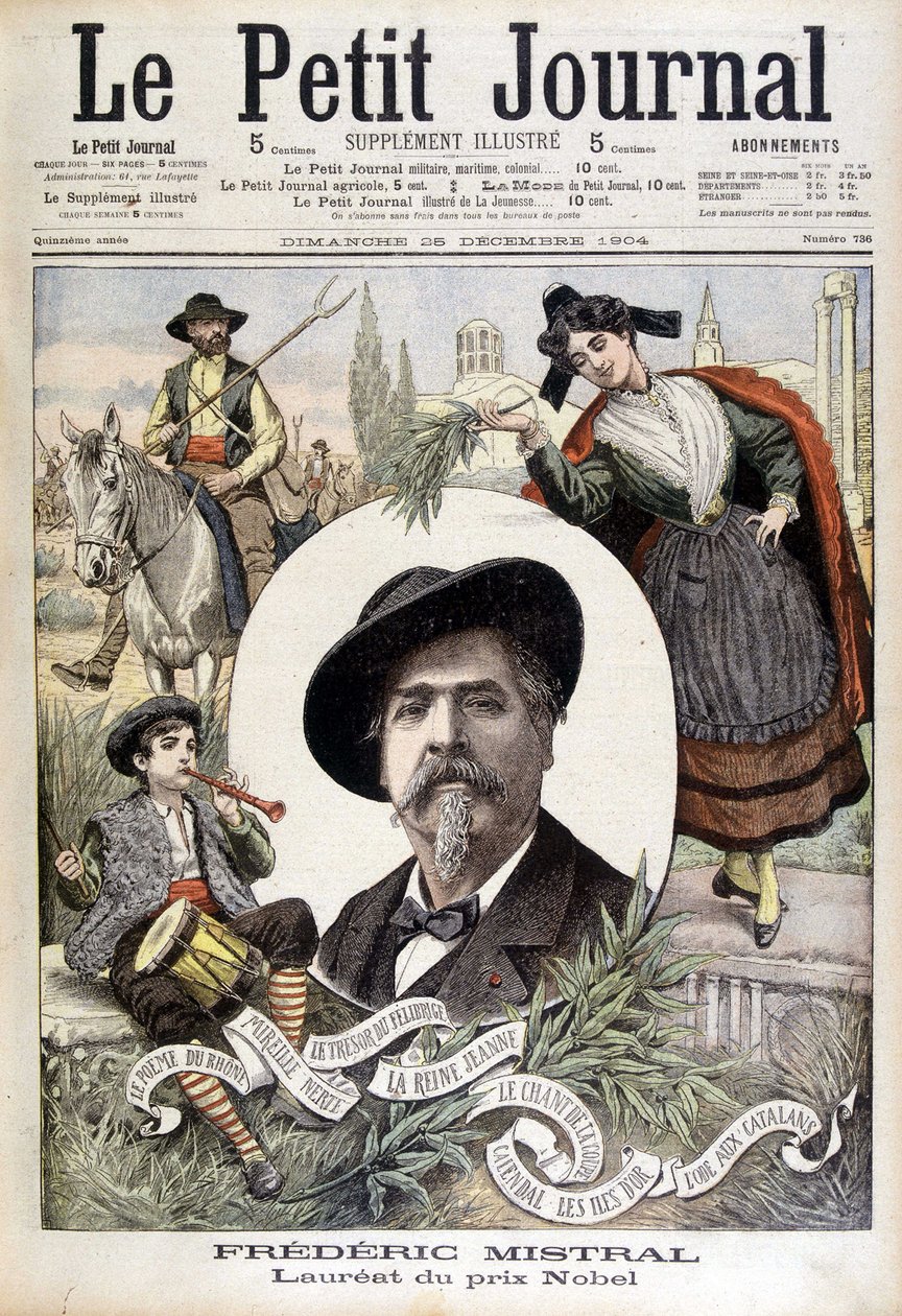 Porträtt av Frédéric Mistral, omgiven av provensalska karaktärer (väktare, fife och Mireille) - i "Le Petit journal" av 1904-12-28 (gravyr) av French School