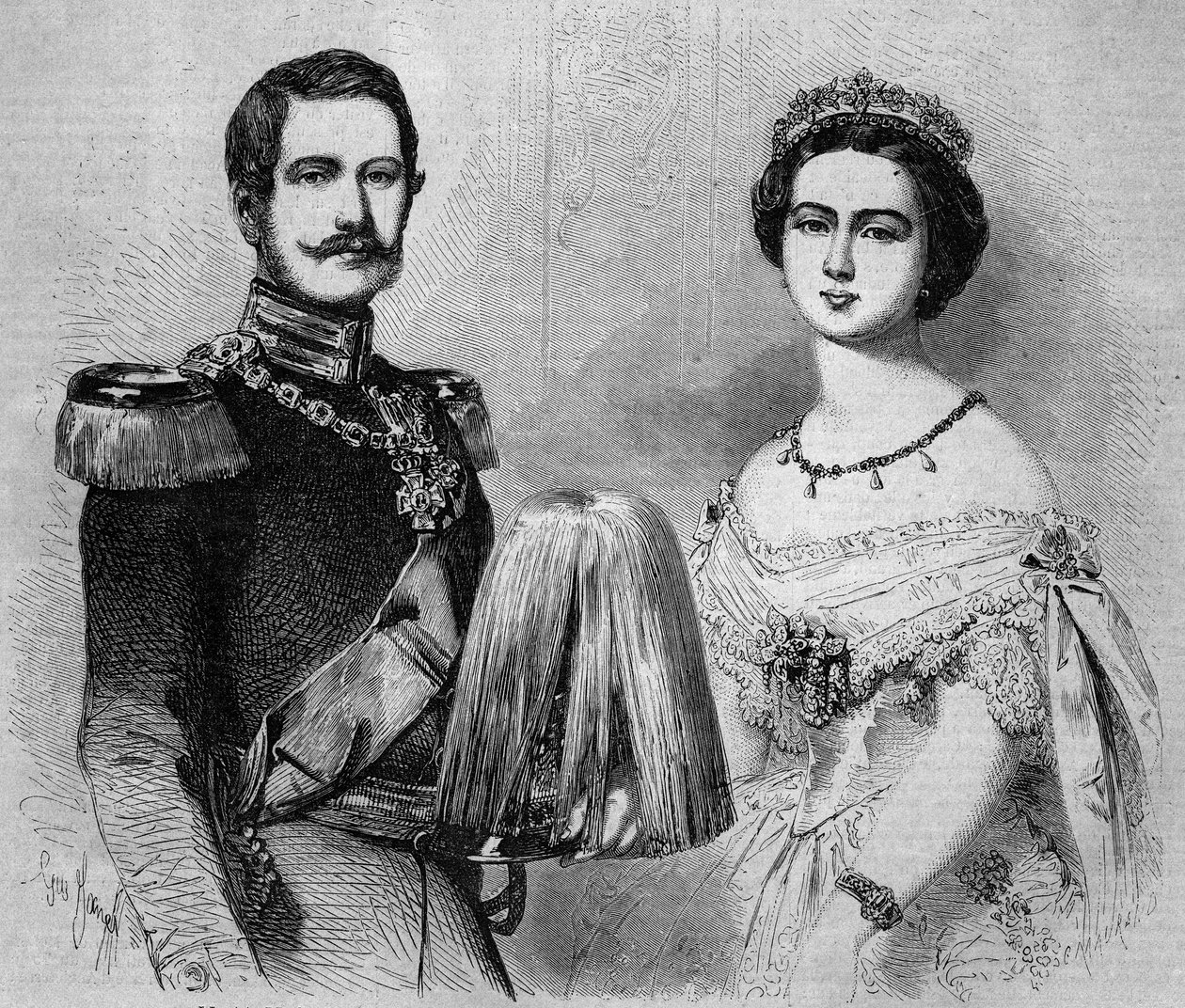 Porträtt av Frederic Guilllaume av Preussen (1831-1888, framtida Fredrik III, kung av Preussen och tysk kejsare) och hans fästmö, prinsessan Victoria av England (1840-1901). Gravyr i "" Le Monde Illustré"" nr 41 av 23 januari 1858. av French School