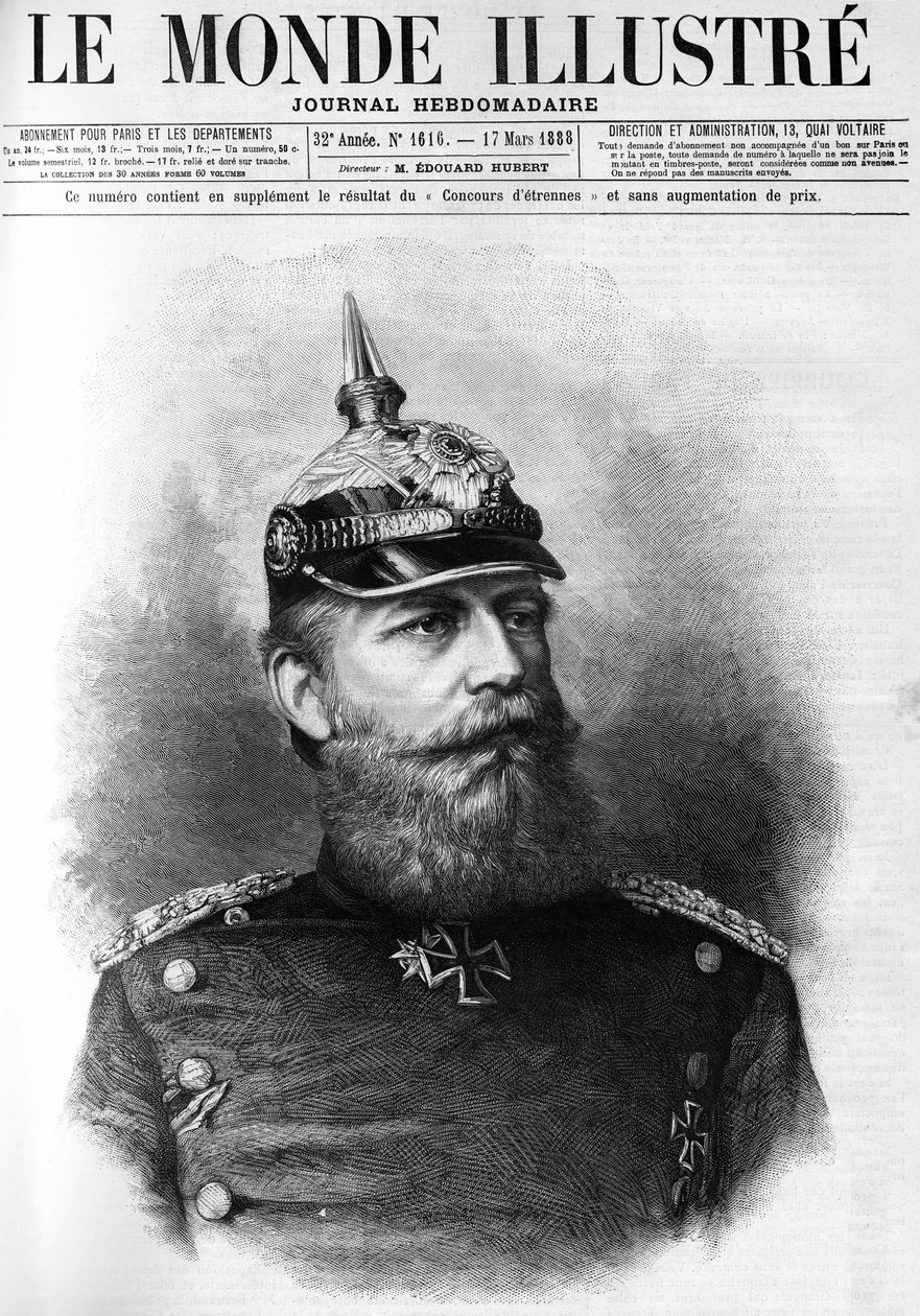 Porträtt av Fredrik III av Preussen (1831-1888) i "The Illustrous World" 1888. av French School