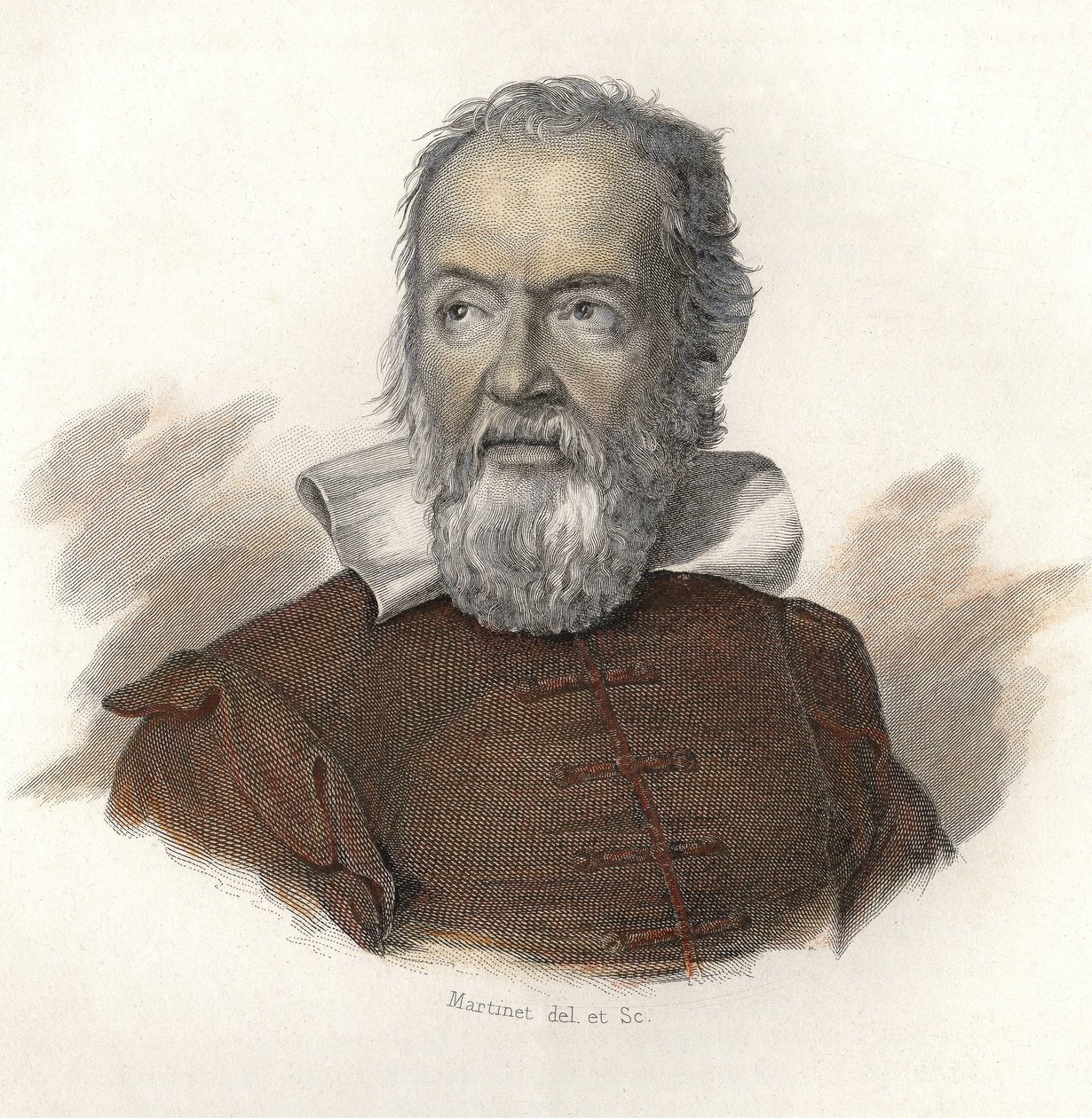 Porträtt av Galileo Galilei dit Galilee (1564-1642), fysiker, matematiker och italiensk astronom. i "Porträtt av nyttiga män" av French School
