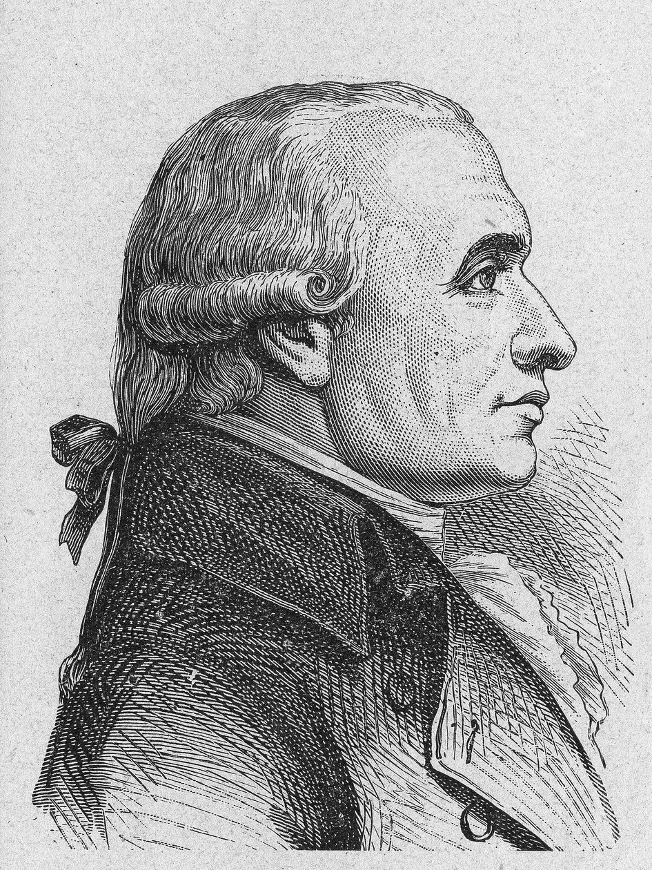 Porträtt av Gaspard Monge, greve av Peluse (1746 - 1818), fransk matematiker - i "Album de la Science; berömda vetenskapsmän; Stora upptäckter””” 1896. av French School