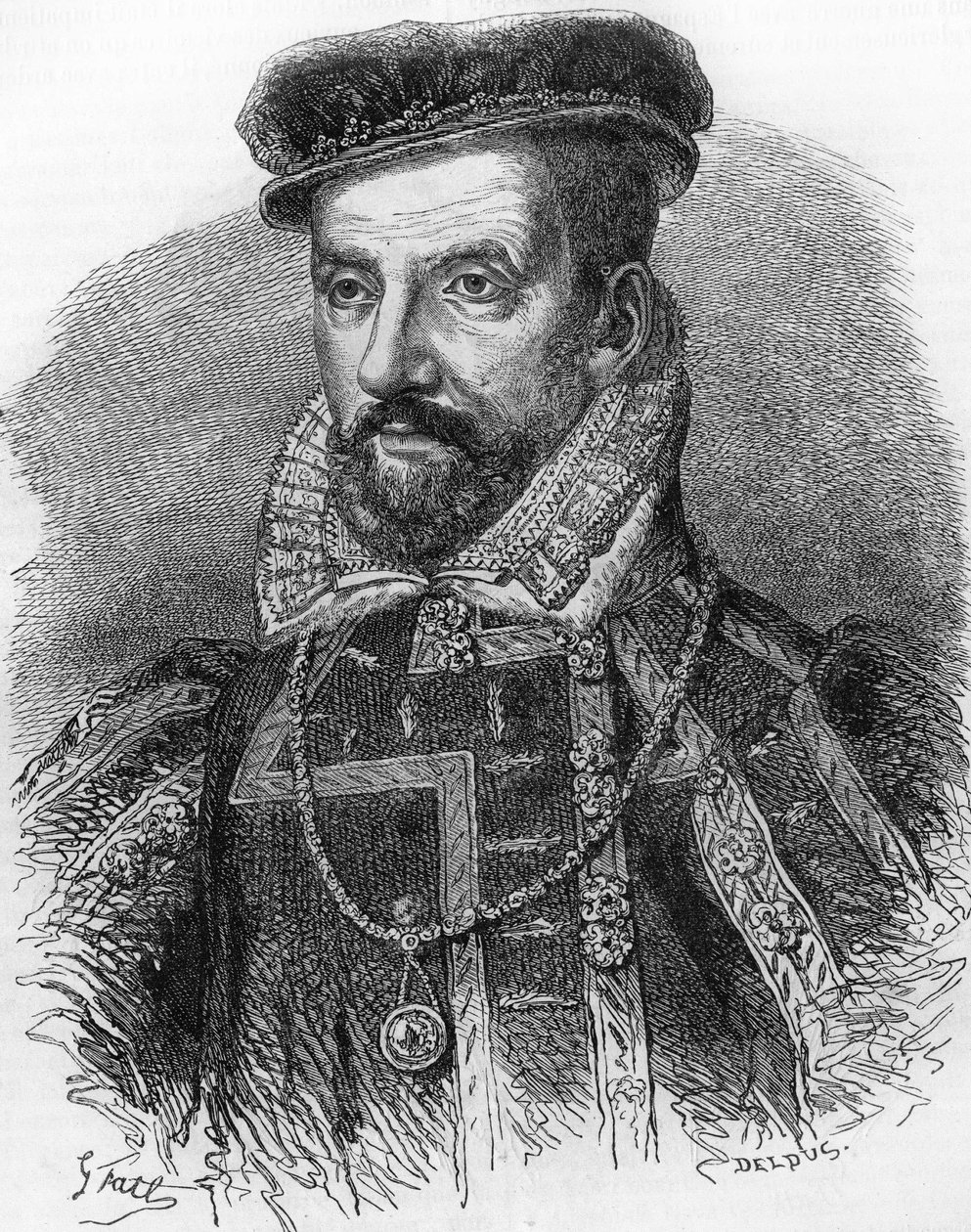 Porträtt av Gaspard de Coligny, känd som amiralen de Coligny (1519-1572). I ""Popular History of France"", nd. ca 1885. Gravyr. av French School