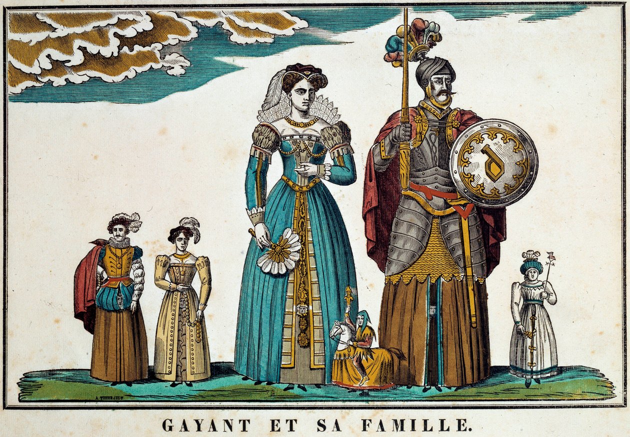 Porträtt av Gayant, en jätte som symboliserar staden Douai, visar med sin familj: hans fru, Marie Cagenon, och hans tre barn, Jacquot, Fillon och Binbin. 1700-talsgravyr, bildspråk av Belfort. Ferrand samling av French School