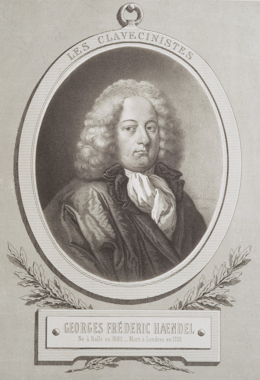 Porträtt av George Frederick Handel (1685-1759) frontispice av ett musikpartitur av French School
