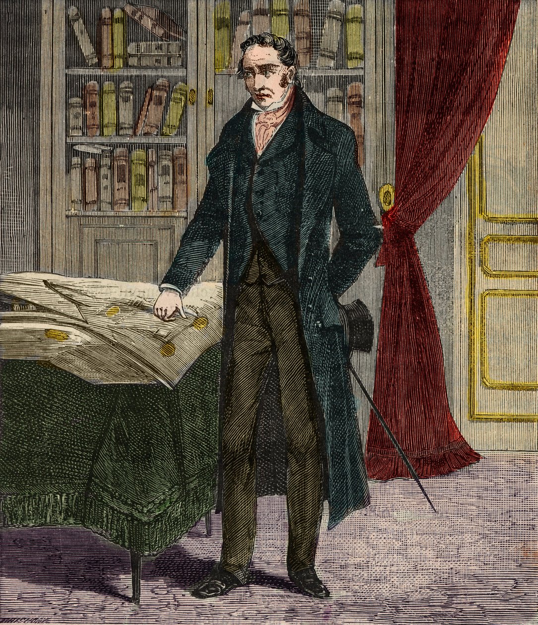 Porträtt av George Stephenson (1781-1848), brittisk ingenjör och pionjär inom järnvägslokomotiv - Gravering i "" Vetenskaper till räckhåll för alla - Populär fysik och kemi" av Alexis Clerc - Slutet av 1800-talet - Privat samling av French School