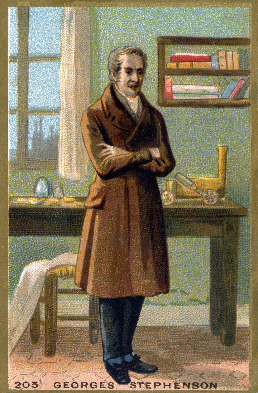 Porträtt av George Stephenson (1781-1848). Kromolitografi från slutet av 1800-talet. av French School