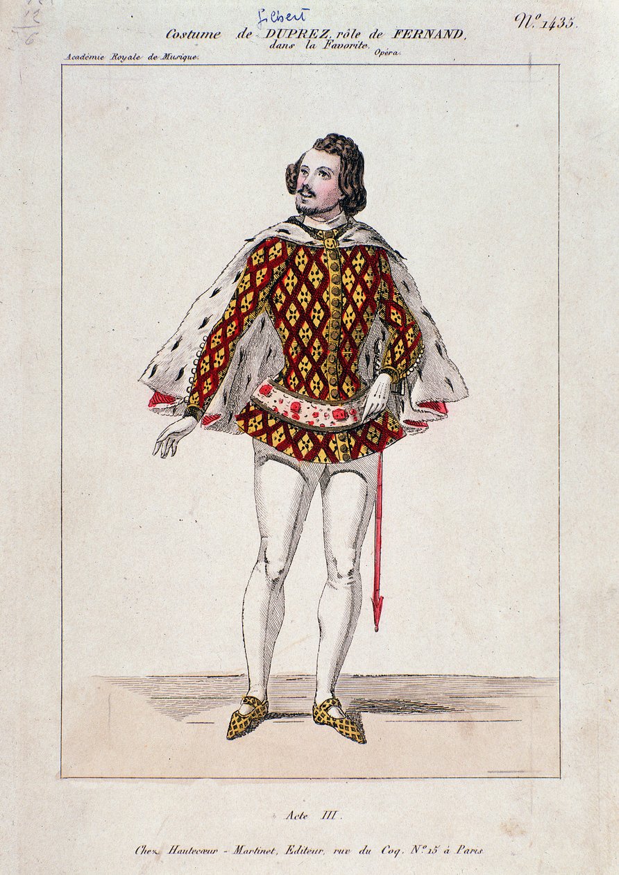Porträtt av Gilbert Duprez, fransk tenor och kompositör i "La Favorite" av Gaetano Donizetti (färgad gravyr) av French School