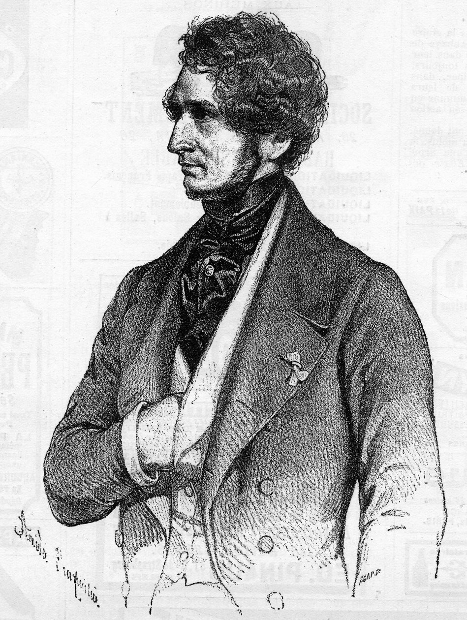 Porträtt av Hector Berlioz (1803-1869) omkring 1847 från en litografi av Amedee Charpentier. av French School